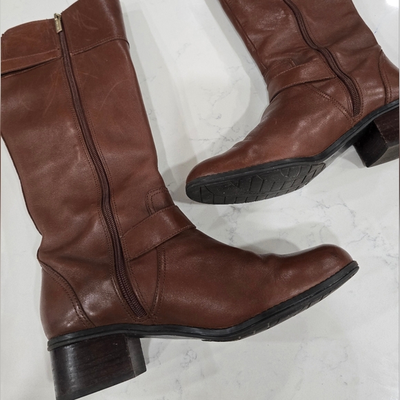 Bandolino Coppa Brown Leather Side Zip Knee Harness Riding Boots Women's Size 8M - Picture 2 of 16